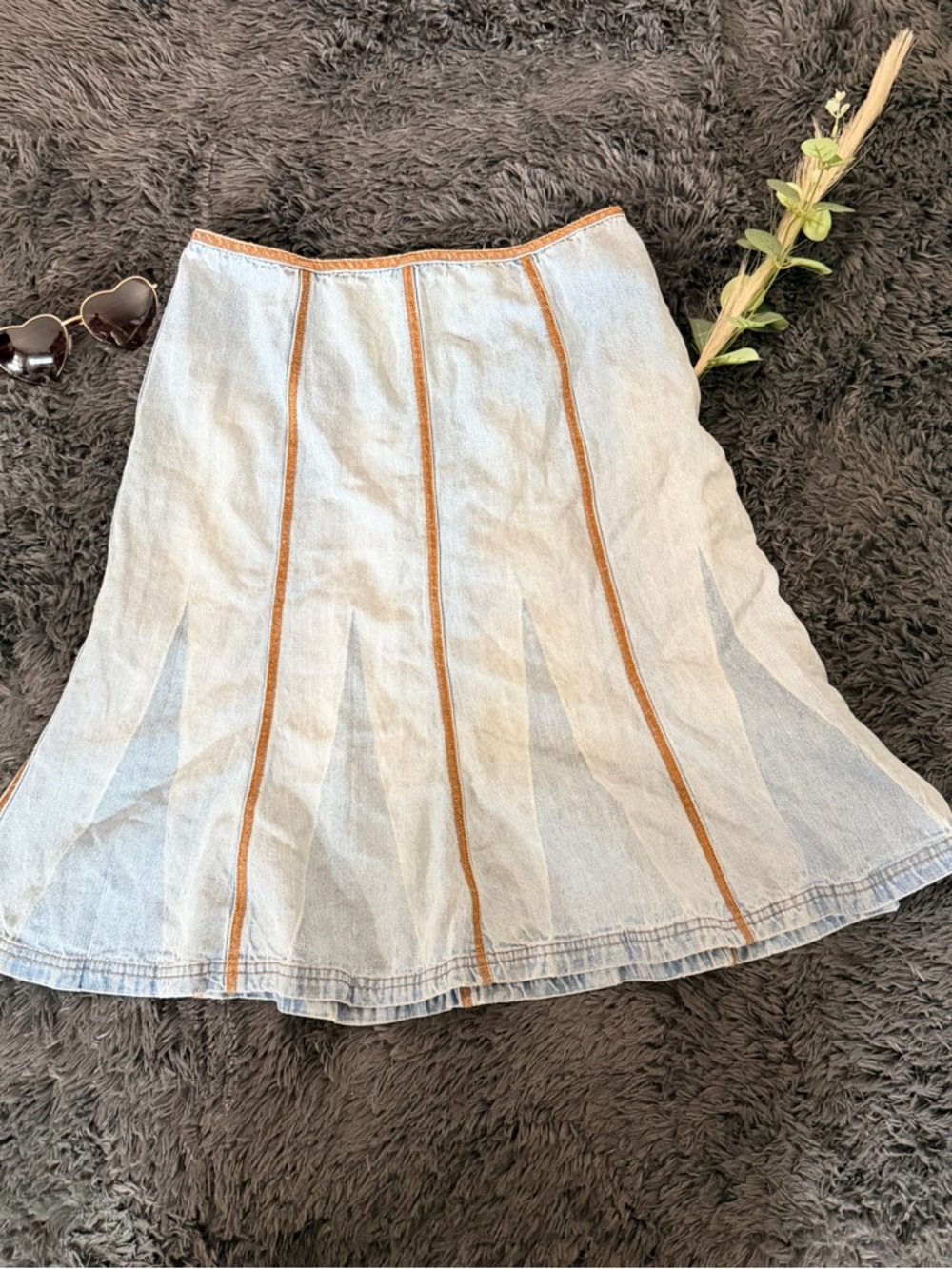 Light Blue Denim Midi Skirt with Contrasting Brown Topstitch